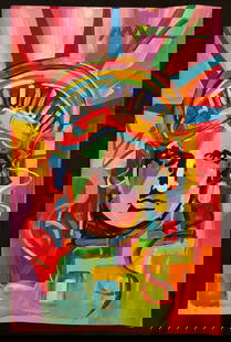 Peter Max (Acrylic on paper painting) 13.5''x8.5'' inches in the style of: In the style of Peter Max (born Peter Max Finkelstein, October 19, 1937) is an American artist of German-Jewish origin, known for using bright colors in his work. Works by Max are associated with the