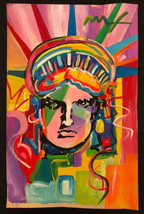 Peter Max (Acrylic on paper painting) 13.5''x8.5'' inches in the style of: In the style of Peter Max (born Peter Max Finkelstein, October 19, 1937) is an American artist of German-Jewish origin, known for using bright colors in his work. Works by Max are associated with the