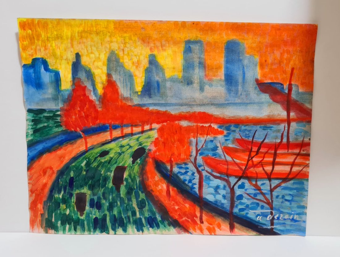 Andres Derain (Mixed Technique on canvas painting ) 23.5x31cm in the style of: In the Style of AndrÃ© Derain, (born June 10, 1880, Chatou, Franceâ€”died September 8, 1954, Garches) AndrÃ© Derain (, French: [É‘ÌƒdÊe dÉ™ÊÉ›Ìƒ]; 10 June 1880 â€“ 8 Septe