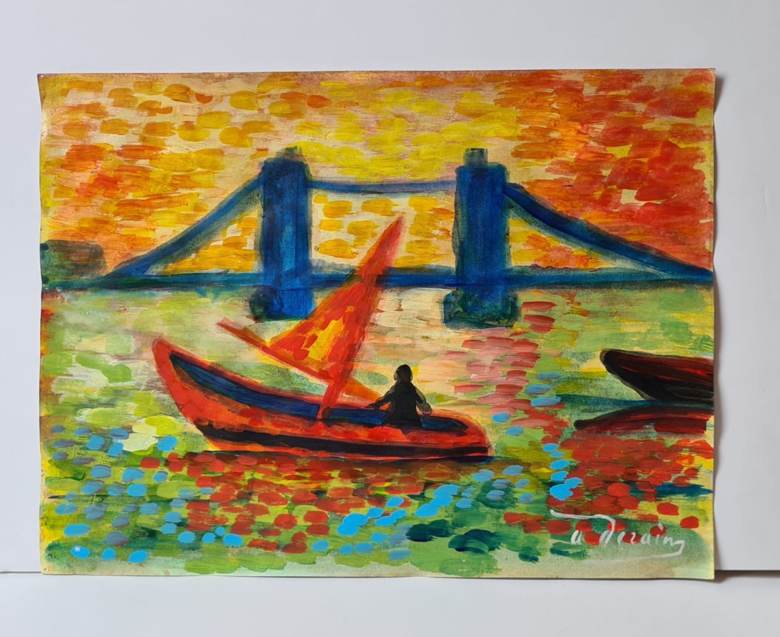 Andres Derain (Mixed Technique on canvas painting ) 23.5x31cm in the style of: In the Style of AndrÃ© Derain, (born June 10, 1880, Chatou, Franceâ€”died September 8, 1954, Garches) AndrÃ© Derain (, French: [É‘ÌƒdÊe dÉ™ÊÉ›Ìƒ]; 10 June 1880 â€“ 8 Septe