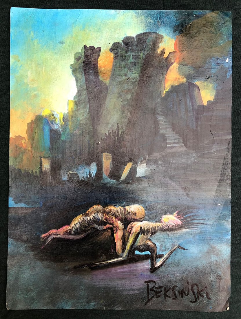 Zdzislaw Beksinski Polish (Mixed Media on Cardboard painting) 21cm x 29.5cm in the style of: In the style of Zdzislaw Beksinski (24 February 1929 - 21 February 2005) Beksinski appears in lower left.Technique: (Mixed Media on Paper. Measures: 22.5cm x 30.5cm. Was a Polish painter, photographer