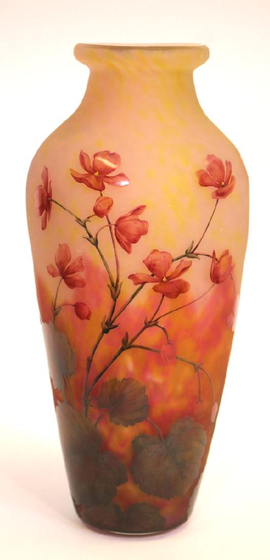 sgnd Daum Nancy acid etched & enameled vase w pink: sgnd Daum Nancy acid etched & enameled vase w pink floral dec on yellow & pink ground - 13 1/4" tall