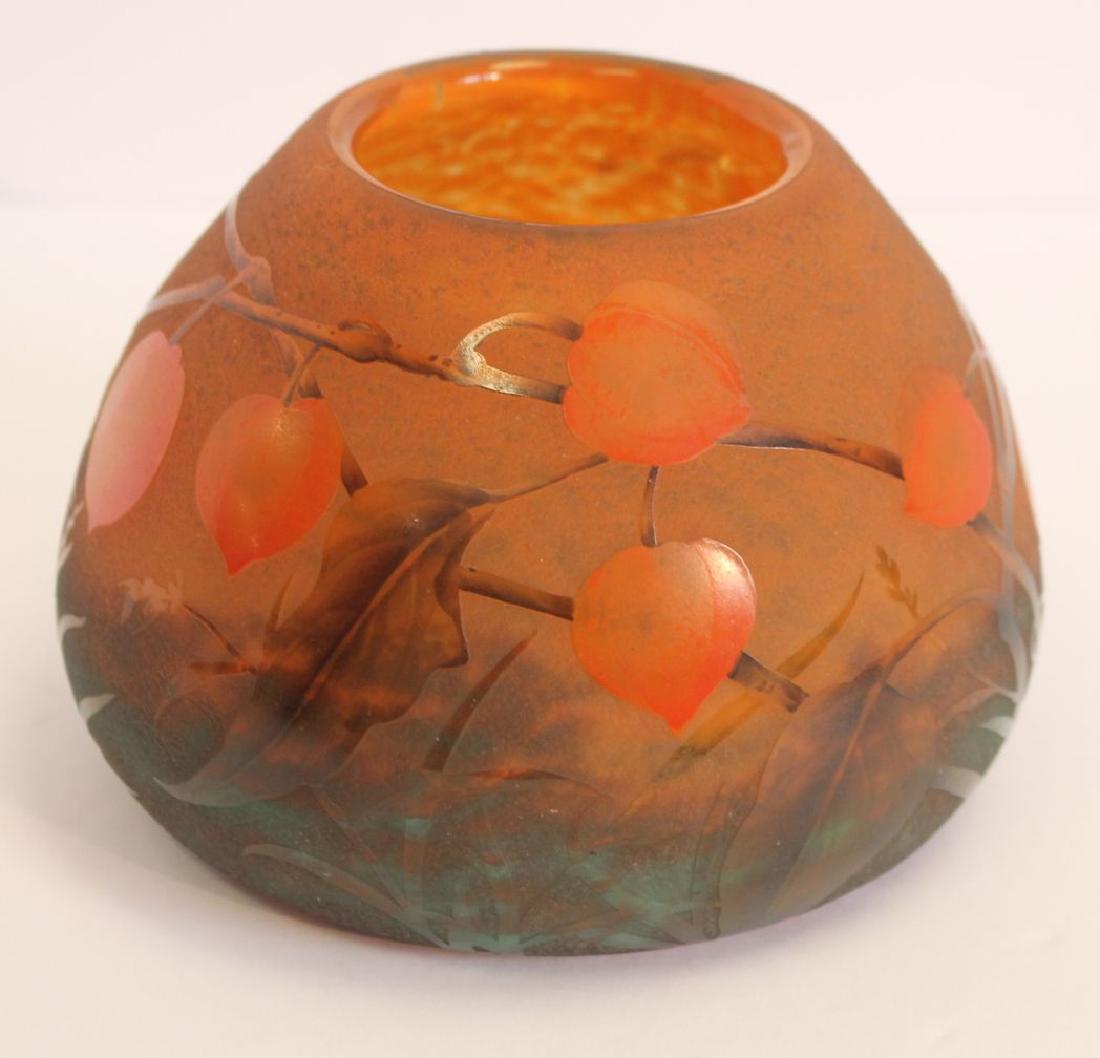 sgnd Daum Nancy acid etched & enameled jack-o-lantern: sgnd Daum Nancy acid etched & enameled jack-o-lantern dec squat vase - 4 1/4" tall x 6" wide