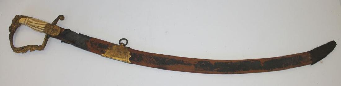 antique sword in leather sheath w bone handle & horse: antique sword in leather sheath w bone handle & horse head, eagle & snake dec brass guard - 35" total length - 30" blade