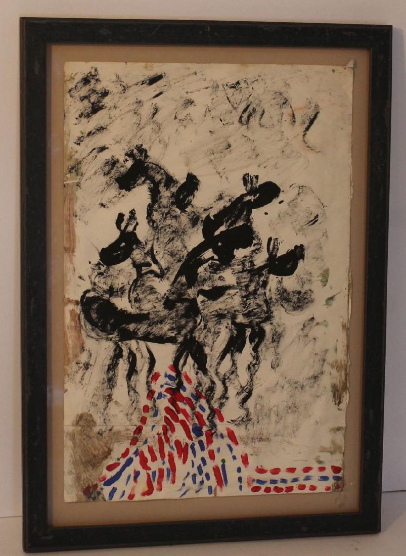 Purvis Young (1943-2010) mixed medium modernist: Purvis Young (1943-2010) mixed medium modernist abstract of horses in black w red & blue accents - 18"x11 3/4"