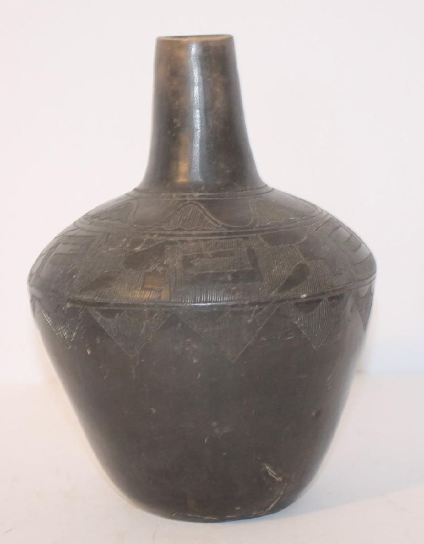 Antique Native American black pottery vase w etched