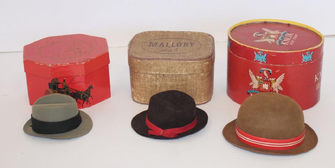 lot of 3 salesman sample's for hats in orig hat boxes -: lot of 3 salesman sample's for hats in orig hat boxes - by Dobbs, Knox & Mallory - Knox box is approx 4 3/4" x 3 1/4" box