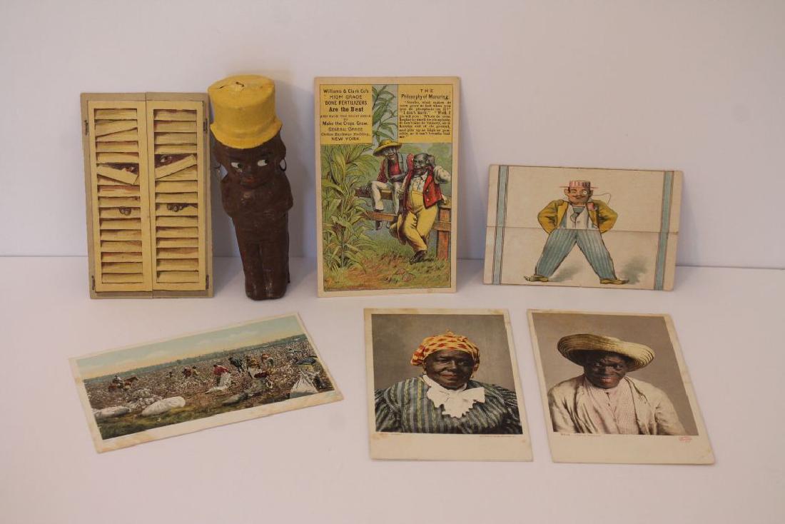 antique African American lot of ephemera incl 5 1/2": antique African American lot of ephemera incl 5 1/2" tall pressed cardboard figure in yellow top hat, postcards & advertising cards