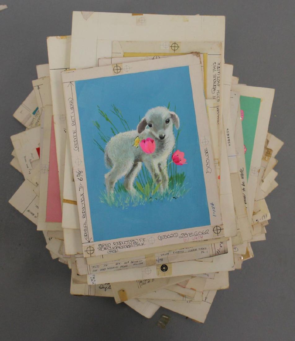 lg lot of approx 150 animal motif greeting card art in: lg lot of approx 150 animal motif greeting card art in gouache, wc, pen & ink, graphite, decoupage & collage mediums - ca 1960's-70's