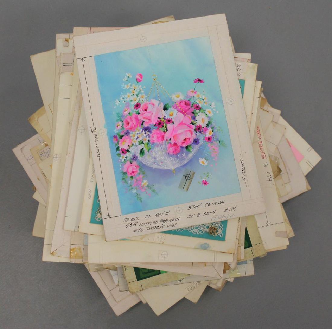 lg lot of approx 130 floral motif greeting card art in: lg lot of approx 130 floral motif greeting card art in gouache, wc, pen & ink, graphite, decoupage & collage mediums - ca 1960's-70's