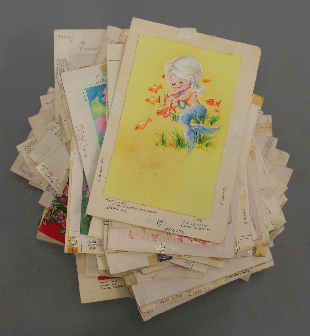 lg lot of approx 129 people motif greeting card art in: lg lot of approx 129 people motif greeting card art in gouache, wc, pen & ink, graphite, decoupage & collage mediums - ca 1960's-70's