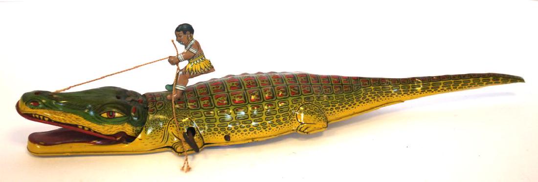 J. Chein tin w-up toy boy riding alligator ca 1930's -: J. Chein tin w-up toy boy riding alligator ca 1930's - 15" long - not working