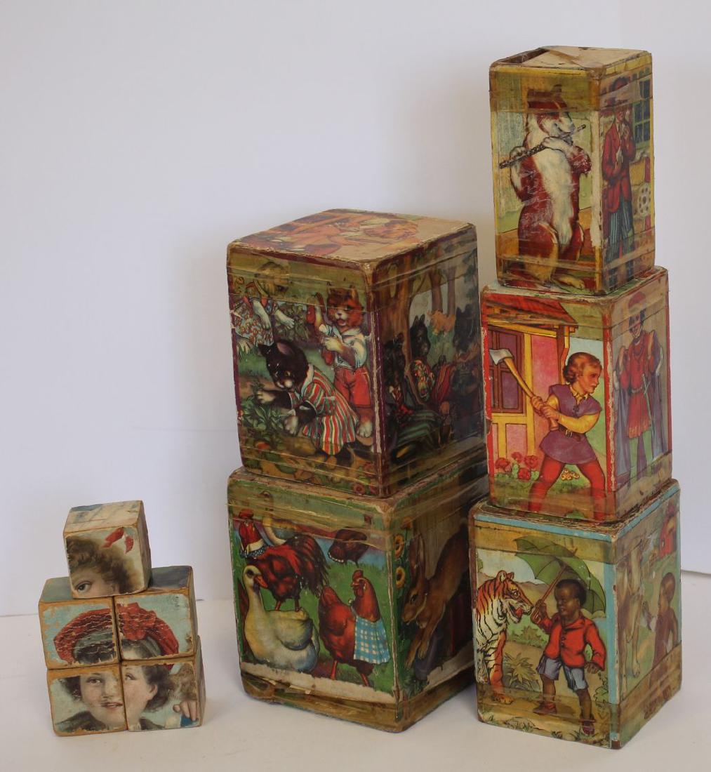 Antique wooden block lot incl set of 5 graduated: Antique wooden block lot incl set of 5 graduated stacking lithoed - largest is 5 1/2" & a set of 5 lithoed squares