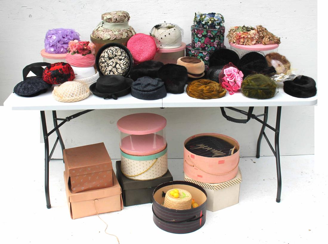 lg lot of vintage lady's hats(ca 1940's-70's), some w: lg lot of vintage lady's hats(ca 1940's-70's), some w orig boxes - incl pill, fur, fancy floral, etc - approx 31 hats