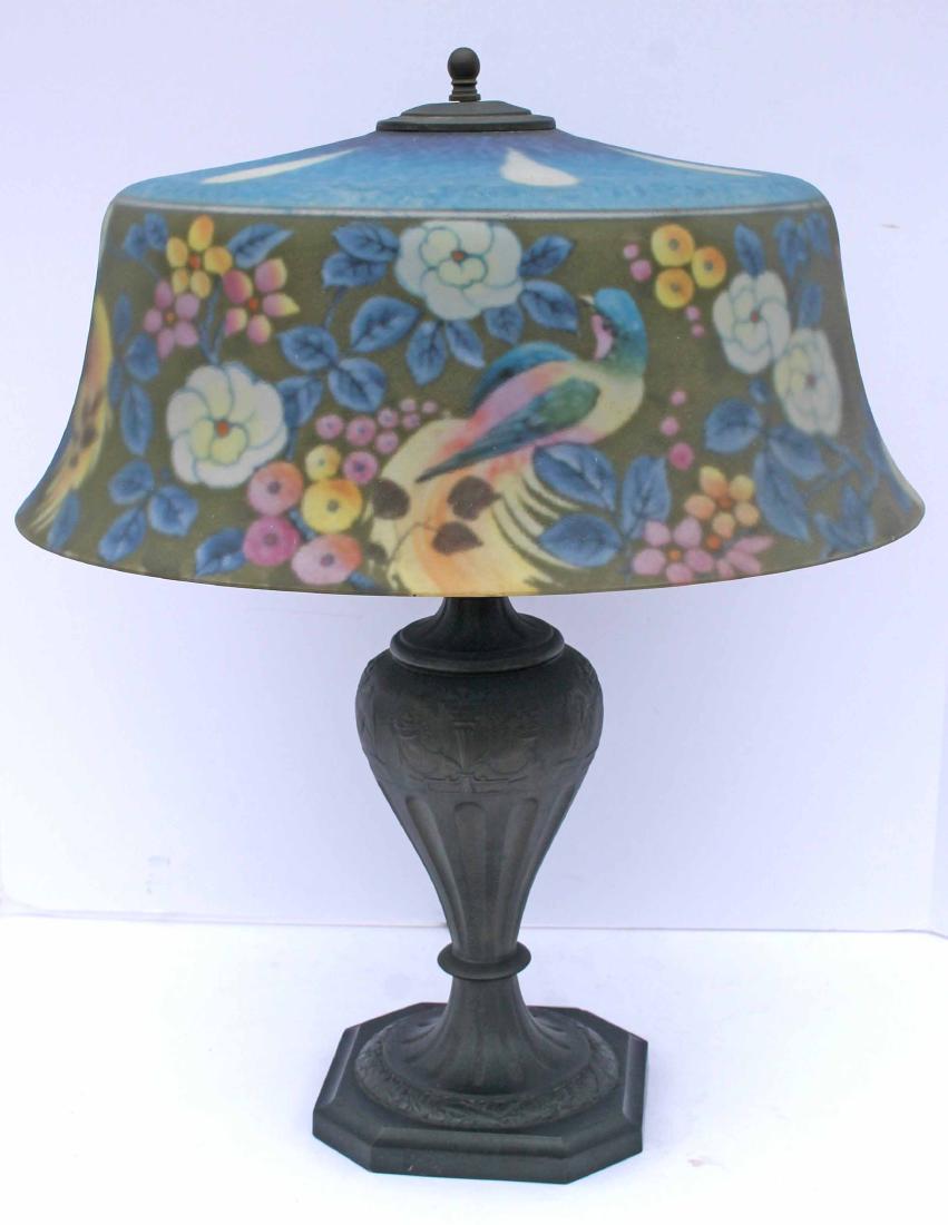 Beautiful fully sgnd Pairpoint Bird of Paradise reverse: Beautiful fully sgnd Pairpoint Bird of Paradise reverse painted table lamp - 18" diam shade
