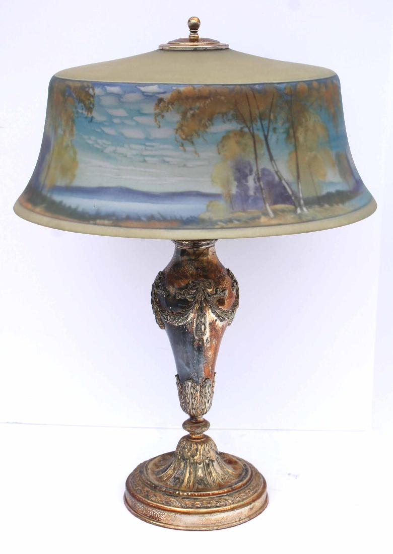 Fine fully sgnd Pairpoint lake & mountain scenic: Fine fully sgnd Pairpoint lake & mountain scenic reverse painted table lamp - 18" shade
