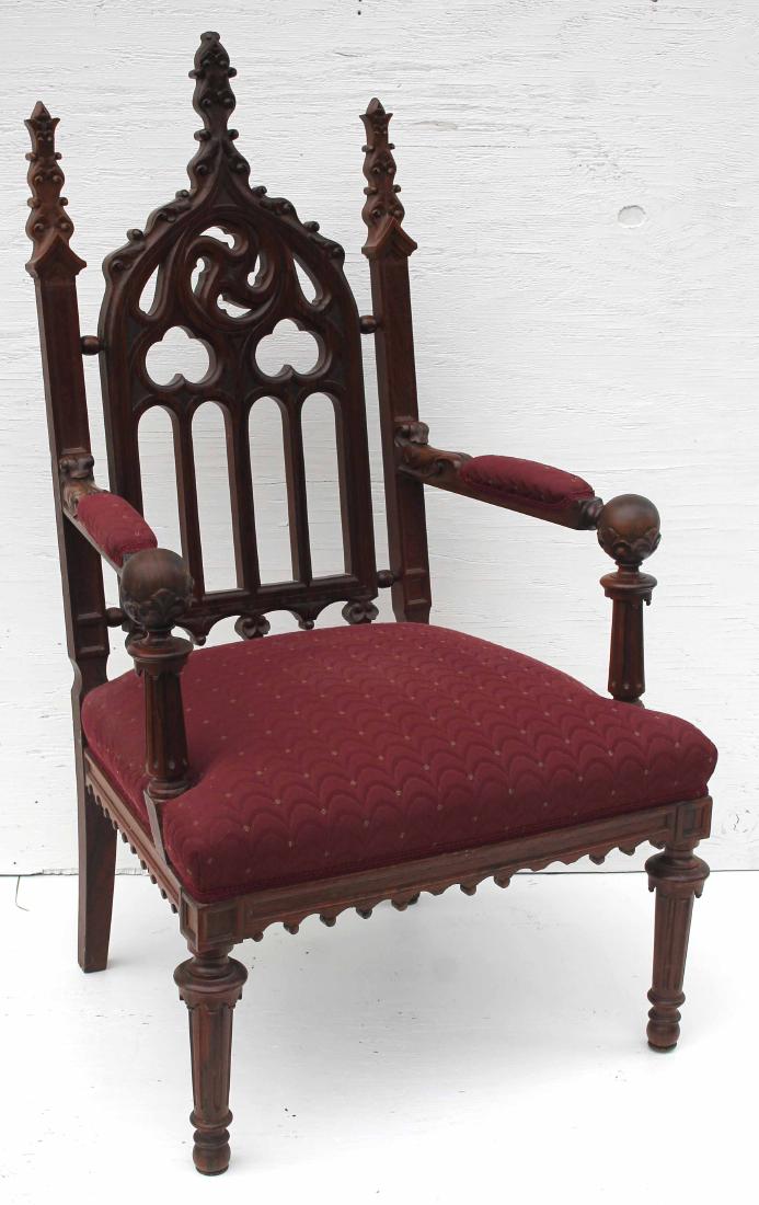 Fancy Gothic carved walnut lady's chair w beaded carved: Fancy Gothic carved walnut lady's chair w beaded carved arms & legs & ball finial arm supports in nice red upholstery - 45 1/2" tall