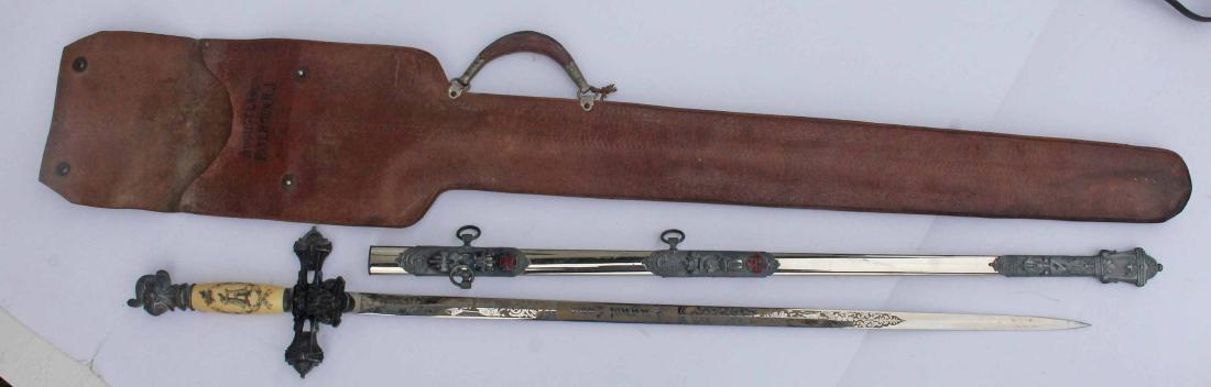 Knights Templar sword "August Lang" engraved in blade w: Knights Templar sword "August Lang" engraved in blade w scabbard in orig leather case - 35 1/2" long