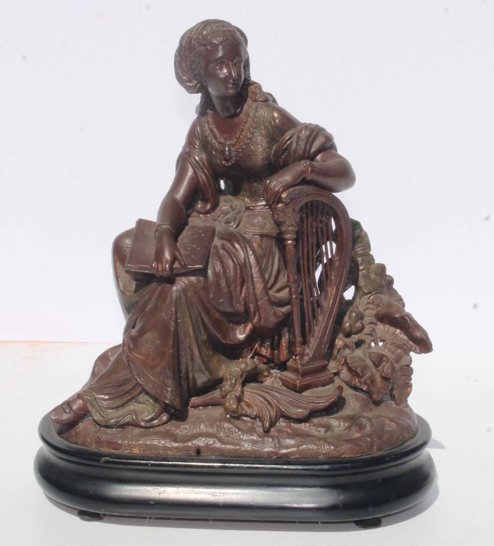 Cold painted bronzed spelter figure of a woman w harp: Cold painted bronzed spelter figure of a woman w harp on wooden base - 14" tall