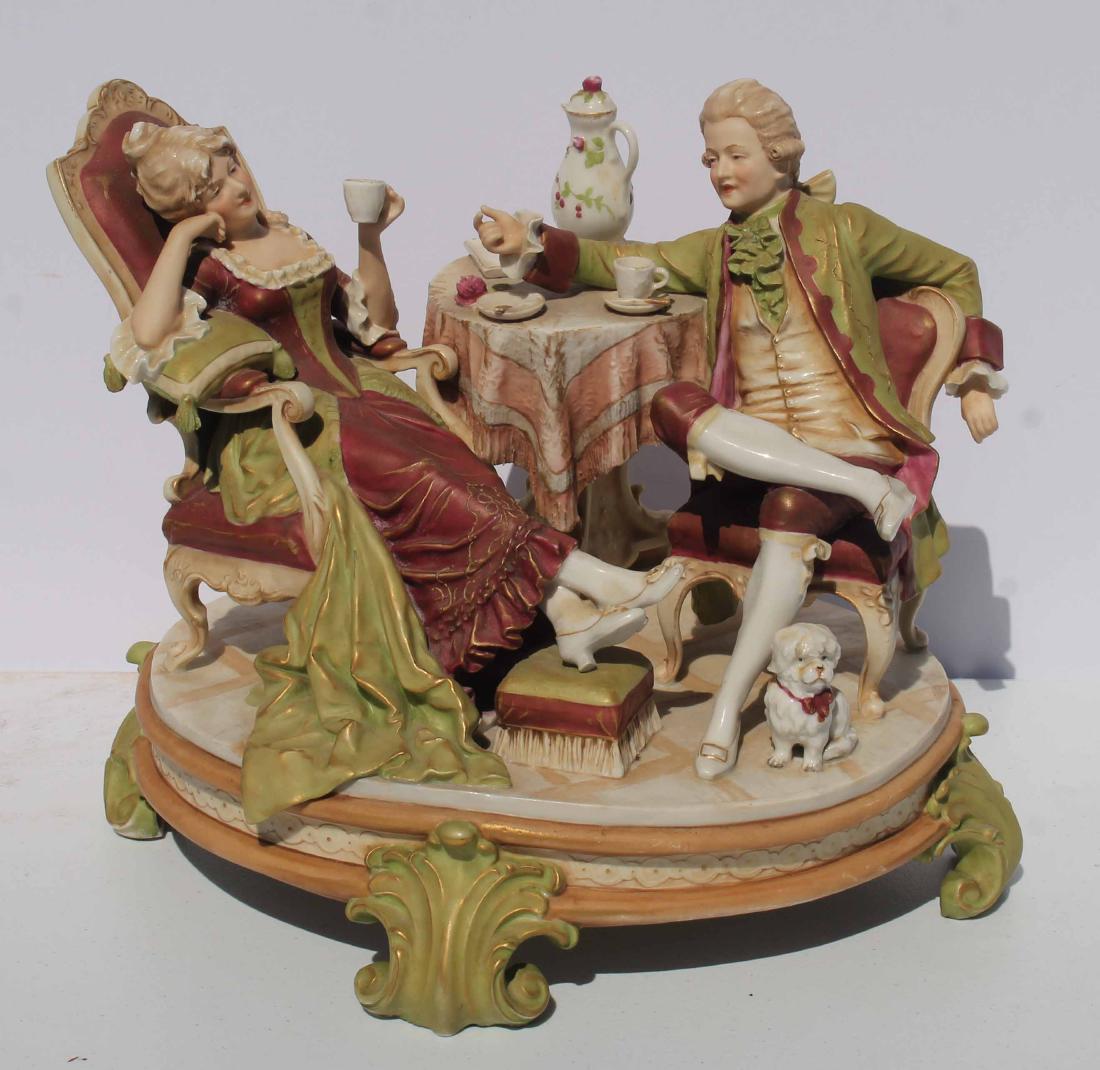 Nice quality Royal Dux porcelain figural group w man &: Nice quality Royal Dux porcelain figural group w man & woman in parlor setting - 13"x16" - man has minor damage to fingers on 1 hand