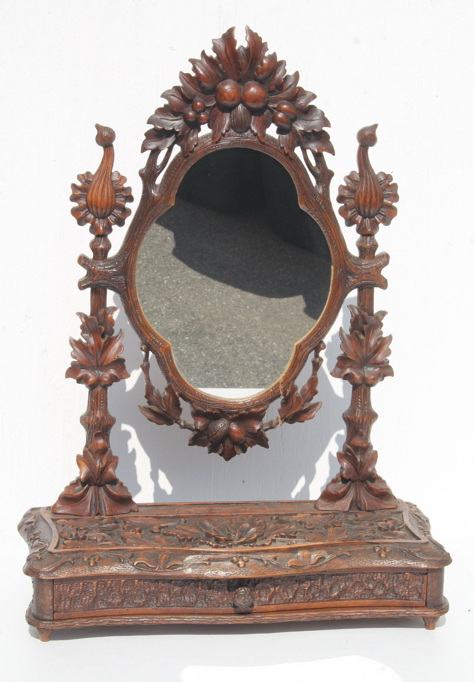 Antique carved Black Forest one drawer dresser mirror -: Antique carved Black Forest one drawer dresser mirror - 26" tall