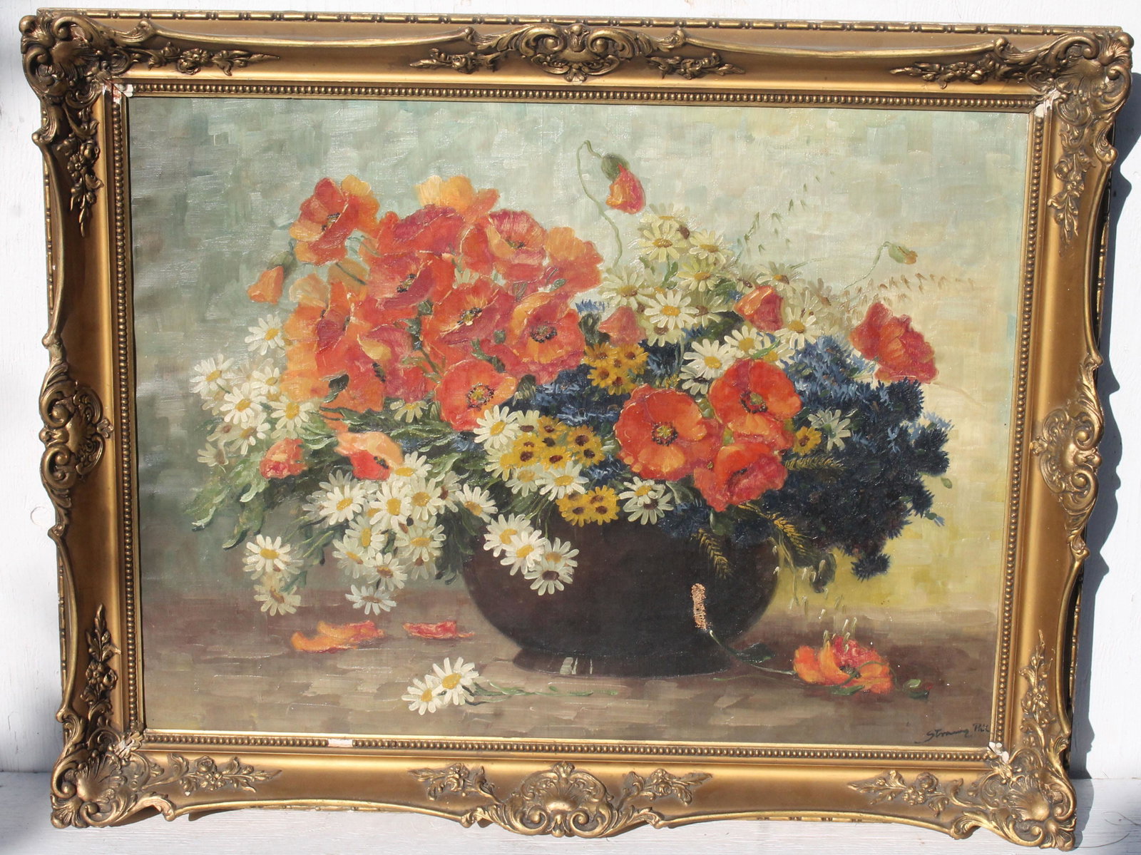 antique 24"x32" o/c still life of poppies and daisies -: antique 24"x32" o/c still life of poppies and daisies - artist signed ?