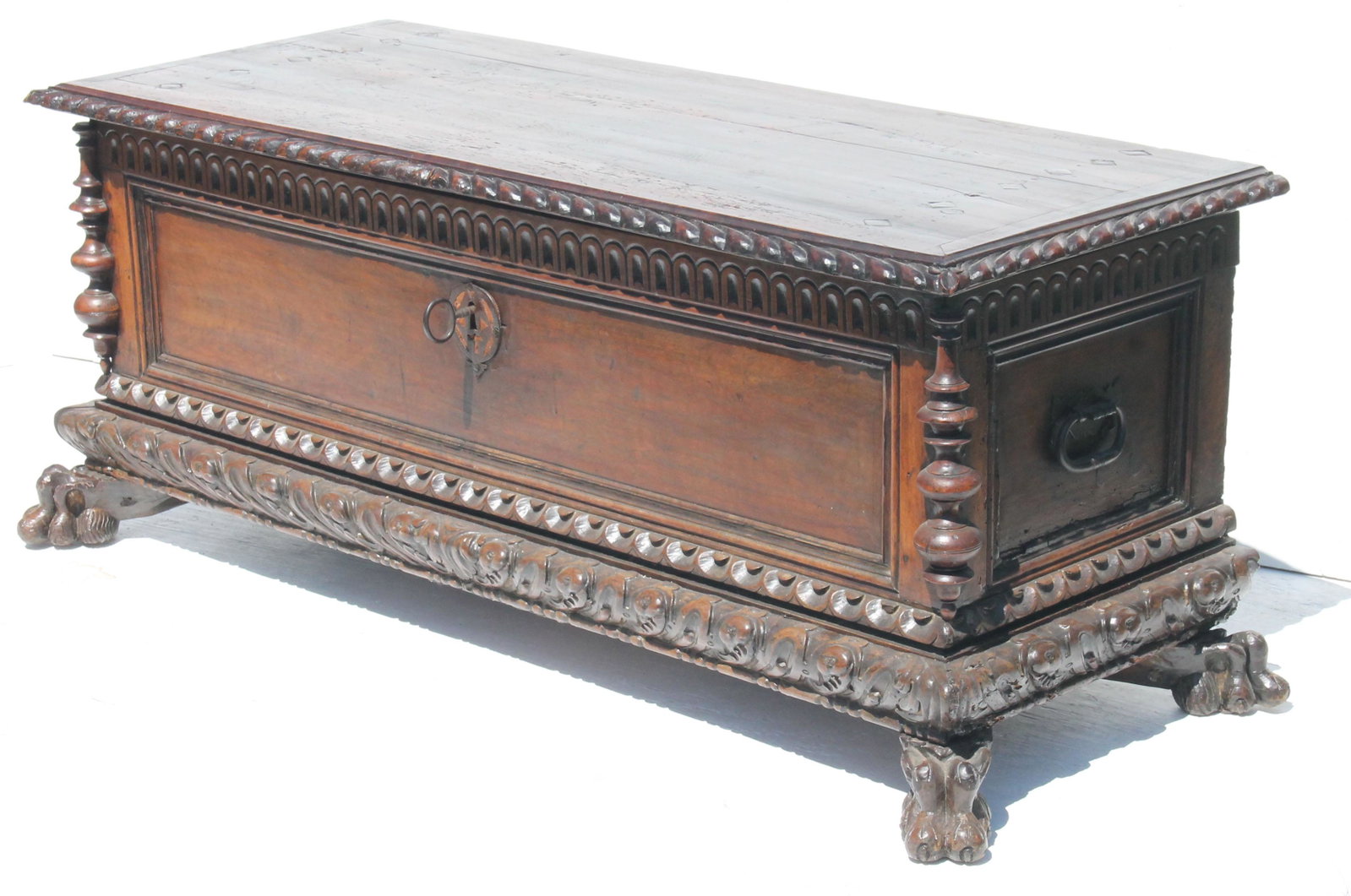 18thC European carved oak cassone w hairy paw feet &: 18thC European carved oak cassone w hairy paw feet & orig hinges, lock & key - 59" wide x 22" deep x 22" tall