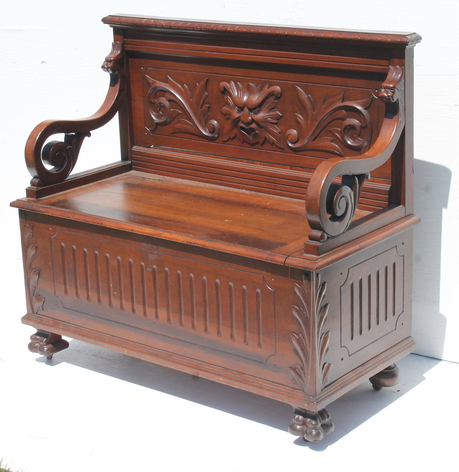 Victorian carved walnut hall seat w lift top bench &: Victorian carved walnut hall seat w lift top bench & carved windblower crest - 42" wide x 19 1/2" deep x 38 1/2" tall