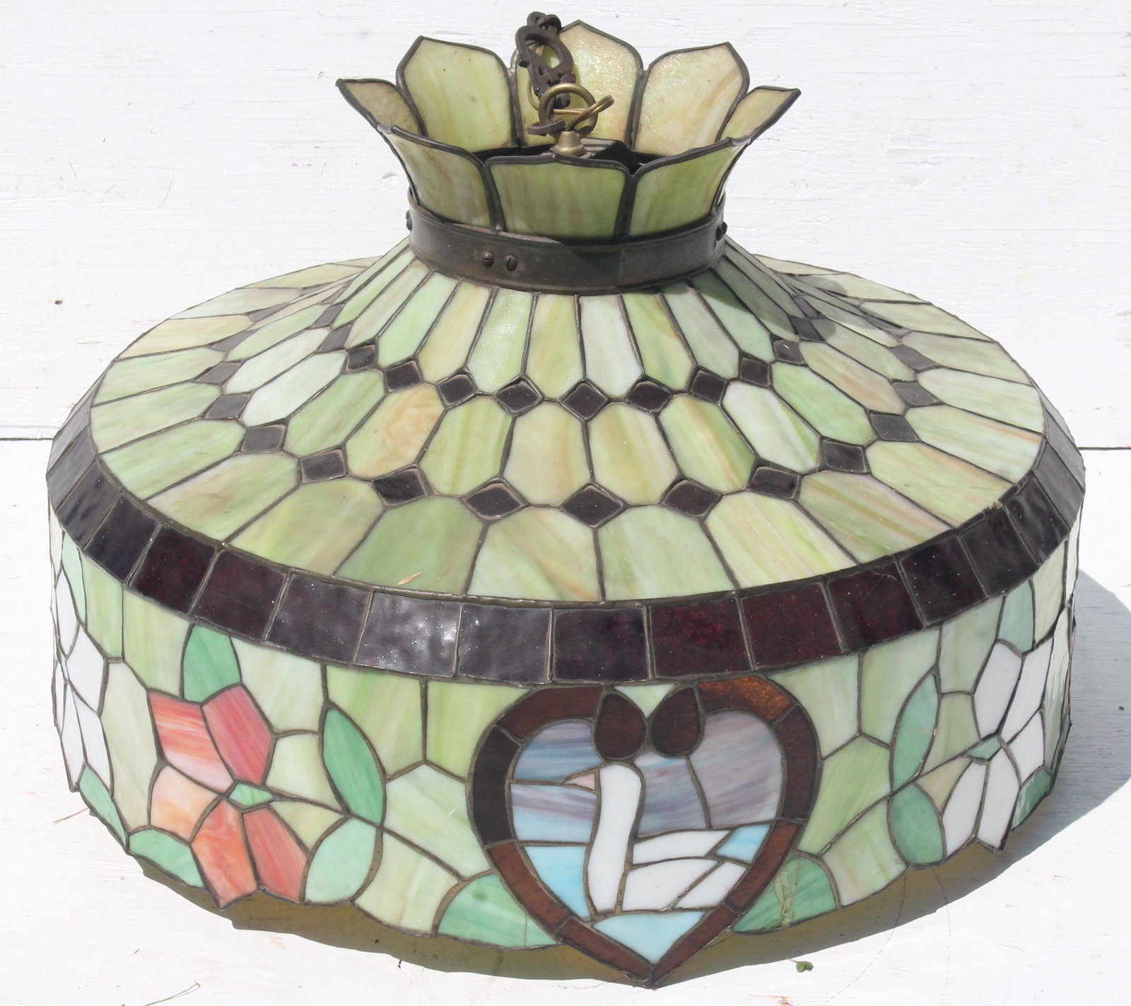antique leaded glass hanging light fixture with hearts,: antique leaded glass hanging light fixture with hearts, swan, and floral motif - 24" diameter