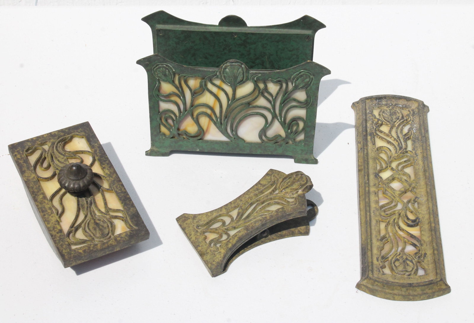 Antique carmel slag glass desk set including letter: Antique carmel slag glass desk set including letter holder, paperclip, pen tray, and rocker blotter