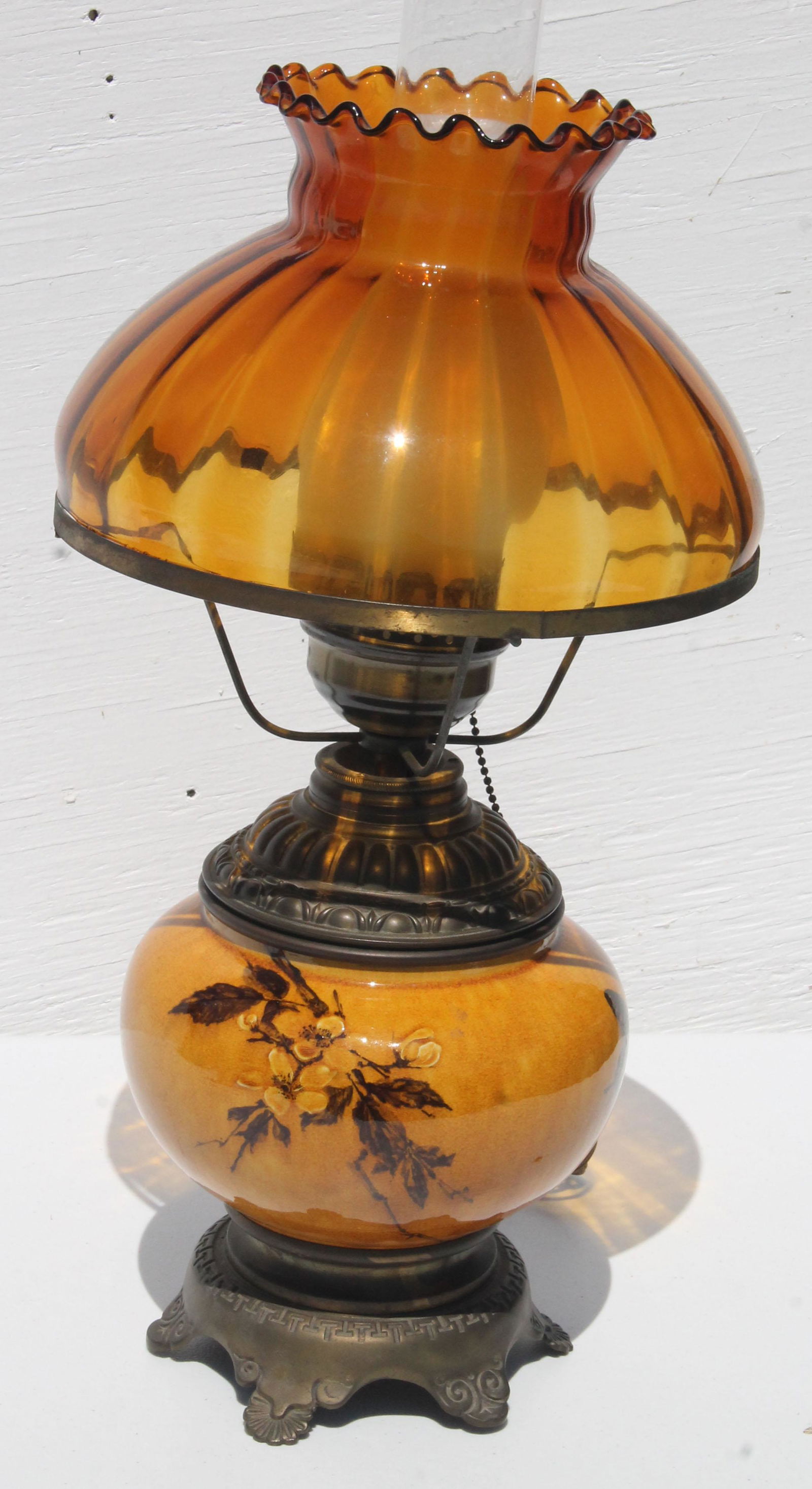 signed Rookwood Pottery lamp base with hurricane and: signed Rookwood Pottery lamp base with hurricane and amber glass shade