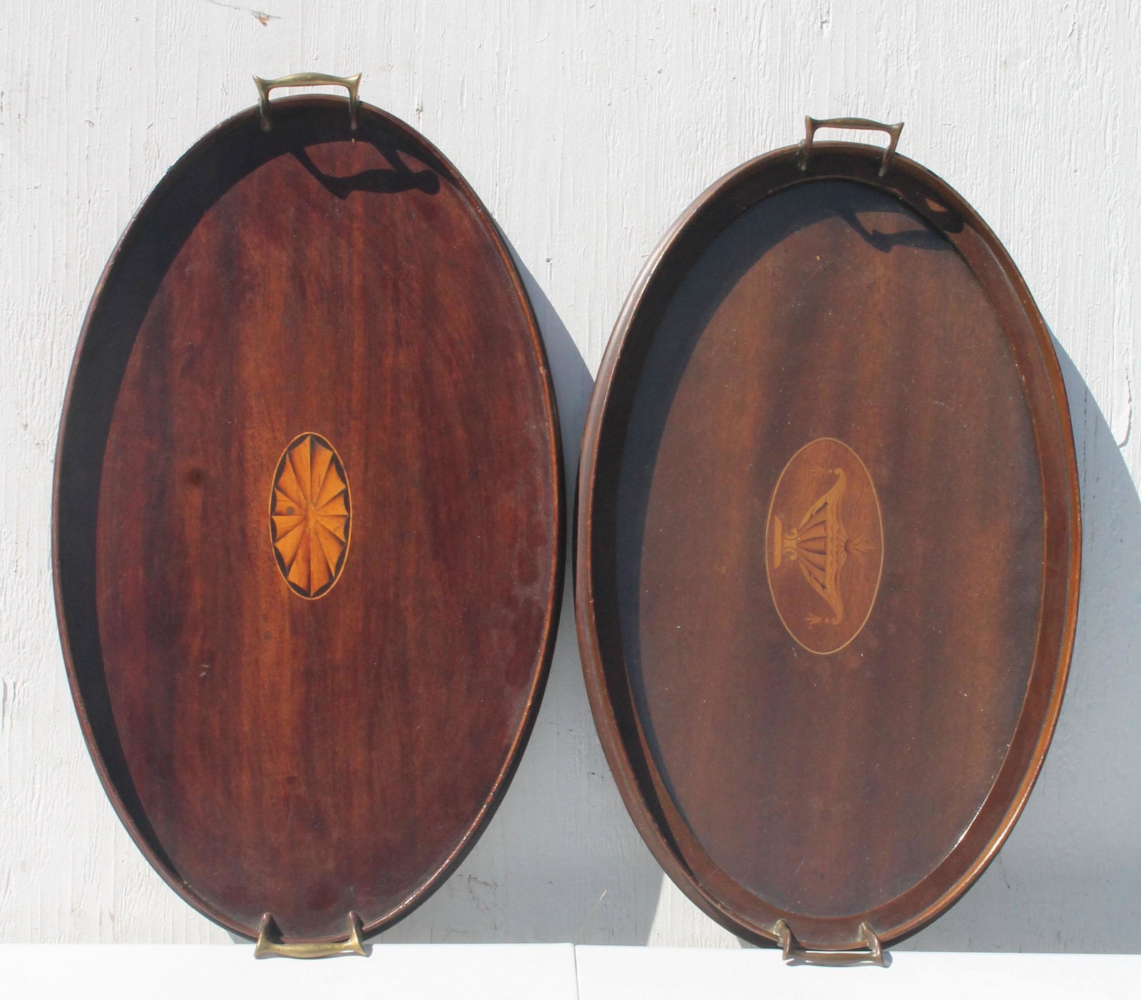 2 antique mahogany inlaid 24" serving trays: 2 antique mahogany inlaid 24" serving trays