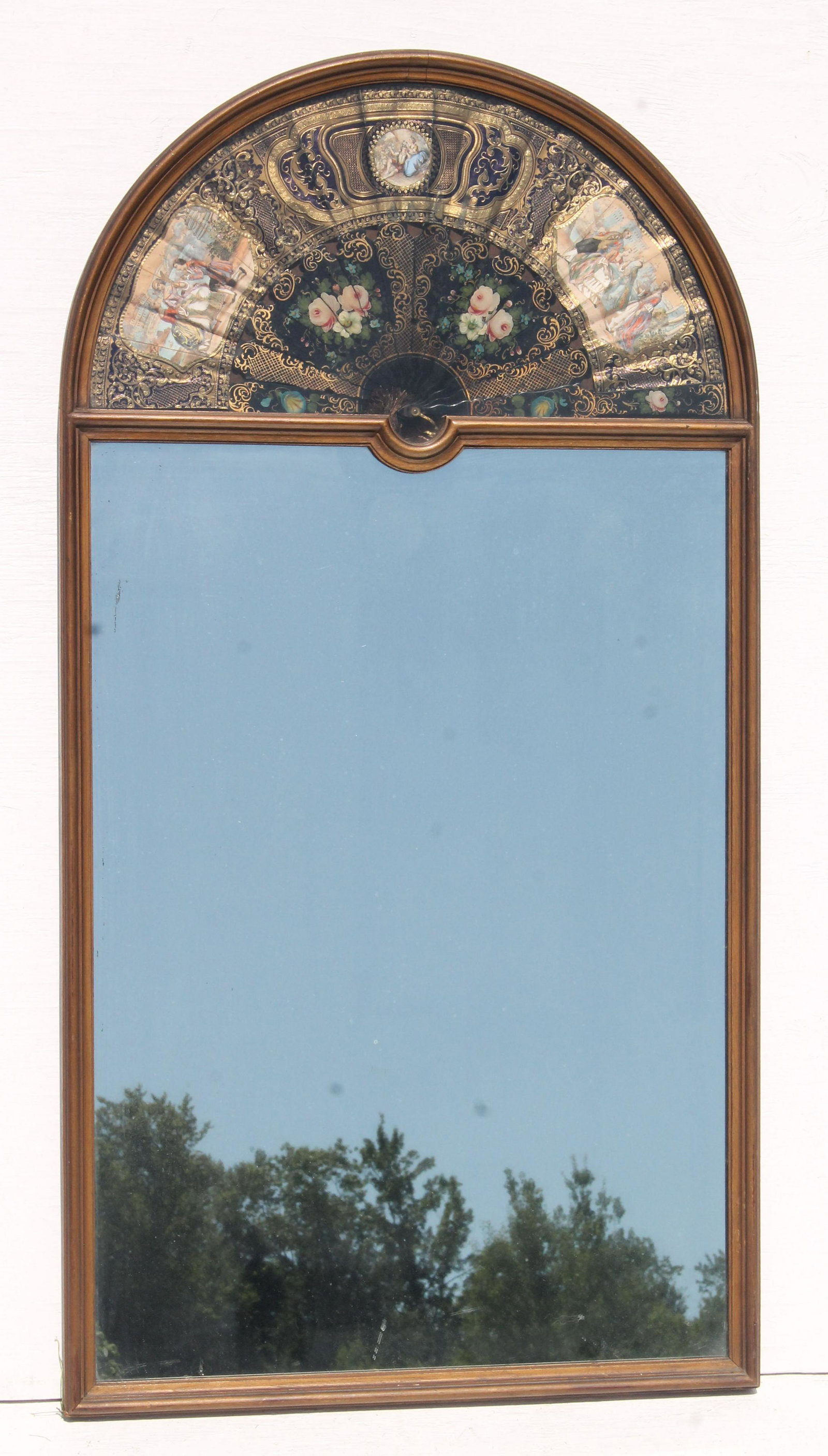 Antique dome top mirror w 18th/19th C hand painted: Antique dome top mirror w 18th/19th C hand painted inset fan - 42" tall x 22" wide