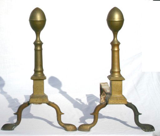 Great pr of sgnd John Davis (Boston) brass andirons: Great pr of sgnd John Davis (Boston) brass andirons ca 1810