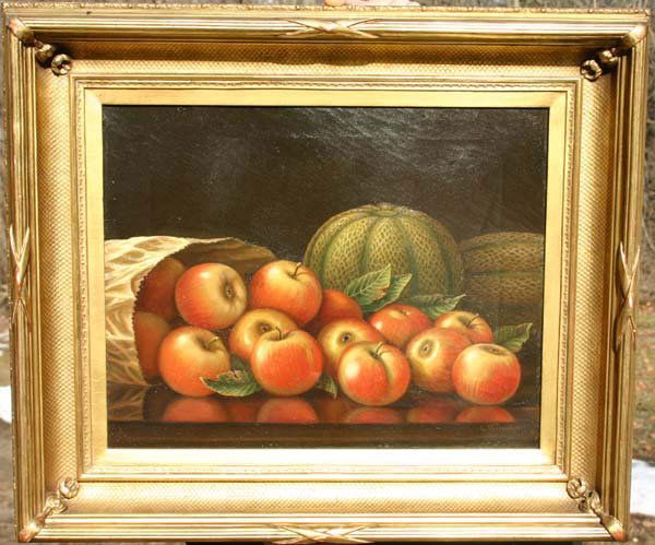 Important Levi Wells Prentice 14x17 o/c still life: Important Levi Wells Prentice 14x17 o/c still life w 14 apples spilling from a paper bag & 2 cantelopes in the background