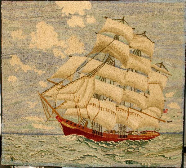 Fine late 19th C lg 34 1/2" x 38" sailing ship hoo: Fine late 19th C lg 34 1/2" x 38" sailing ship hooked rug flying American flag