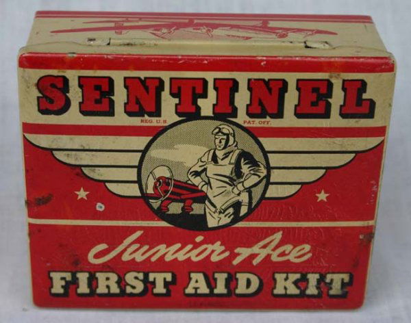 Old tin First Aid Kit w Aviation pictures on it -: Old tin First Aid Kit w Aviation pictures on it - 3 1/4" x 2 1/2" x 1" high