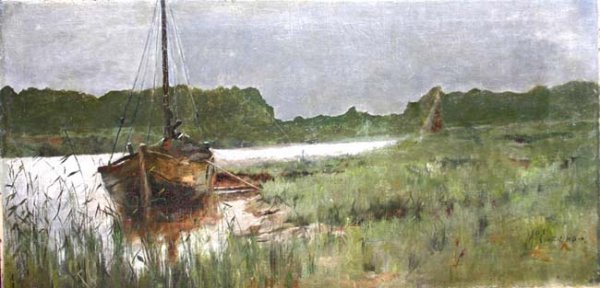 Signed McEwen 15 1/4 x 31 1/2 o/c boat in marsh 