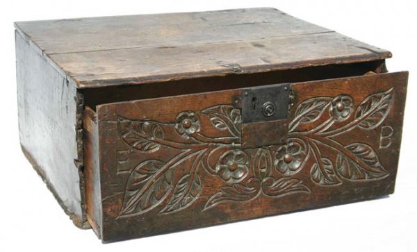 ca 1720 oak or elm carved Bible Box initialed EB 