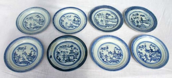 lot of 8 19th C Canton blue & white aprox 9 3/4" 