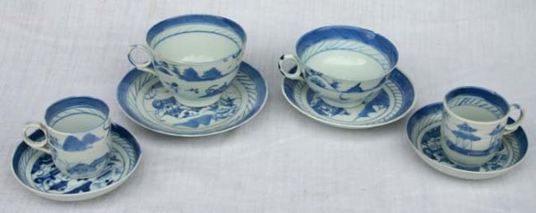 lot of 4 assorted 19th C Canton cups & saucers