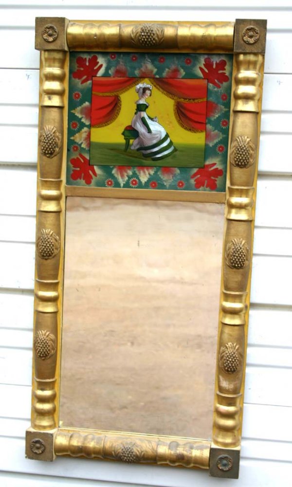 ca 1825 Federal mirror w reverse ptd panel, orig