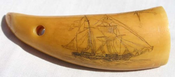 3" 19th C scrimshawed whale's tooth depicting sla