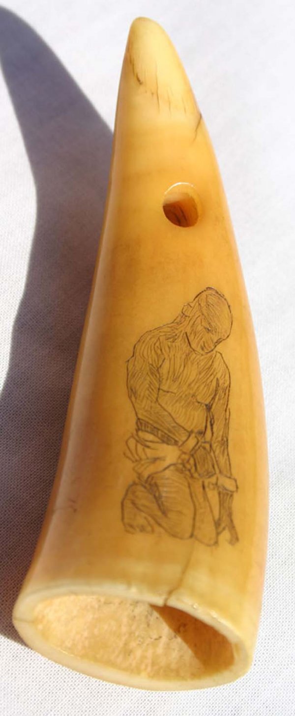 3" 19th C scrimshawed whale's tooth depicting sla - 2