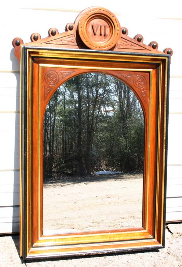 lg Vict carved walnut mirror w Roman Numeral VII