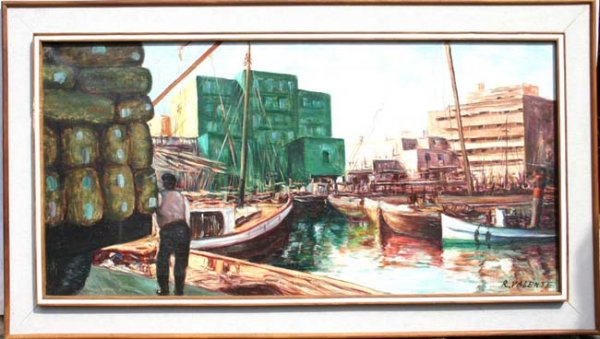 Richard Valente lg 20x38 o/c detailed dock scene