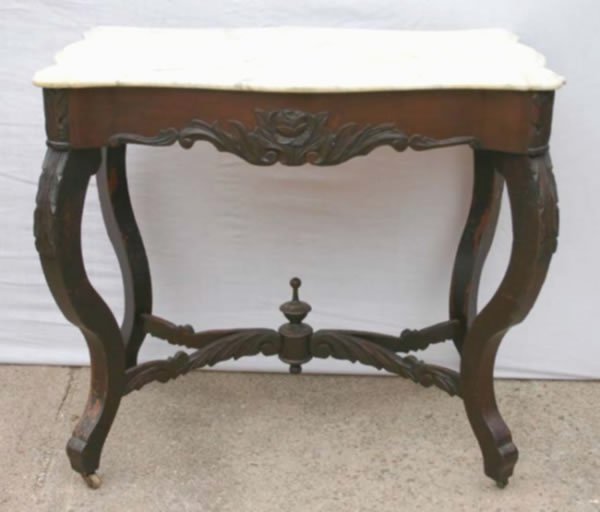 Fine Vict carved walnut lg stretcher based marble