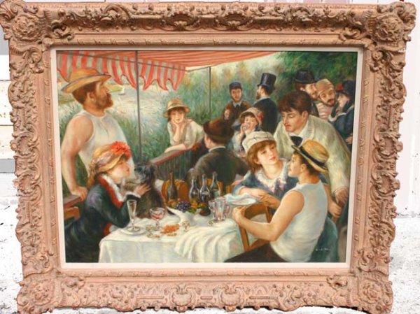 sgnd C. J. Dire (?) 4'x3' o/c colorful café scene
