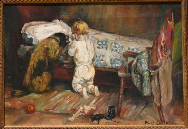 Ethel Sharp exceptional 12x17 o/c of young child kn