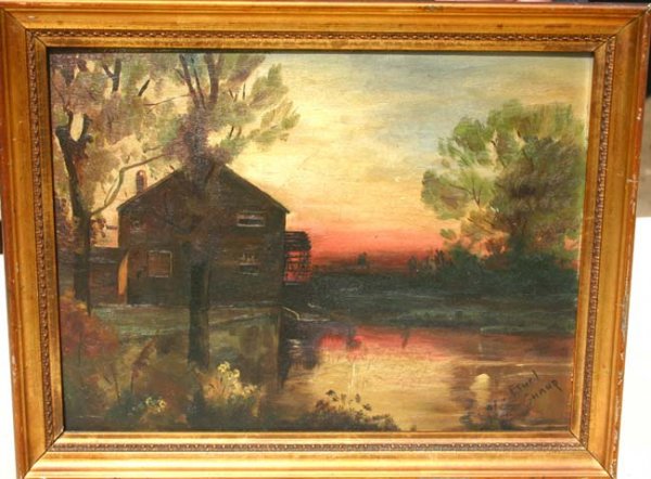 Ethel Sharp 9 ½ x 12 o/bd mill scene landscape at s
